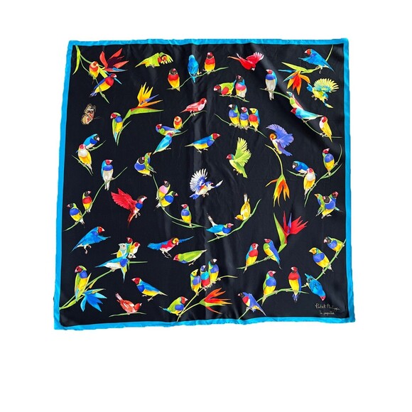 PATEK PHILIPPE Vivid bird motif large size silk scarf  Blue Novelty Prize Purple - Picture 1 of 9
